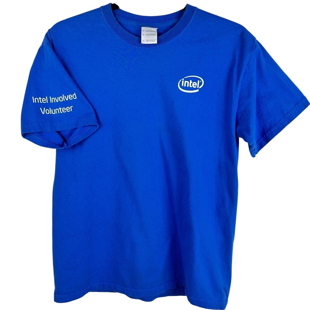 Y2K Intel Involved Volunteer T Shirt Mens Medium Blue Logo Graphic Tee Techwear